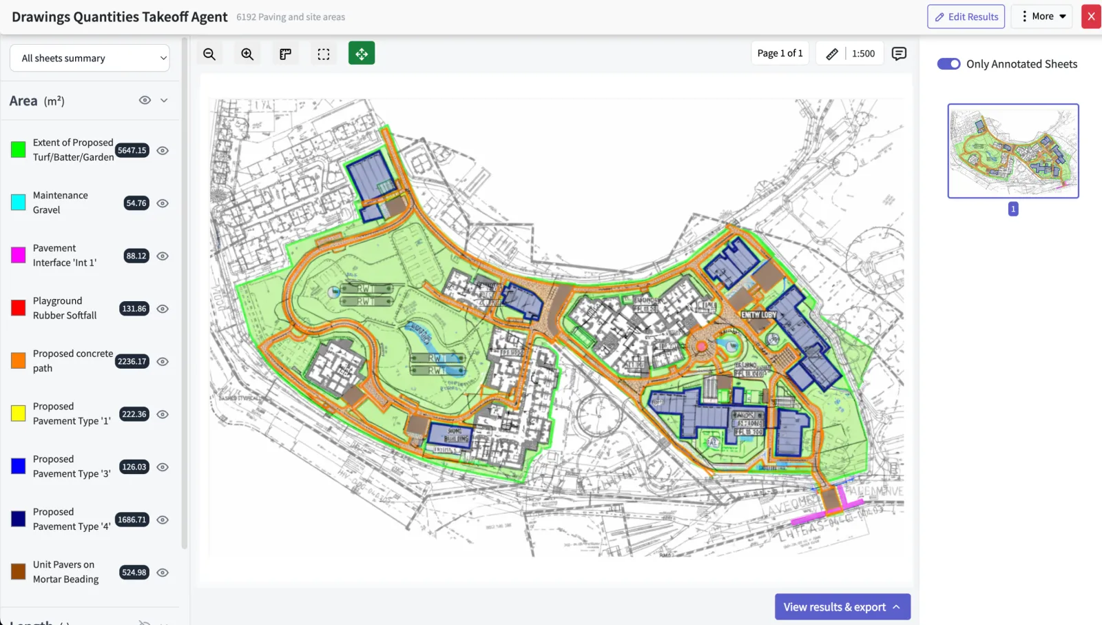 An annotated site plan with colour-coded takeoff measurements and a results and export button